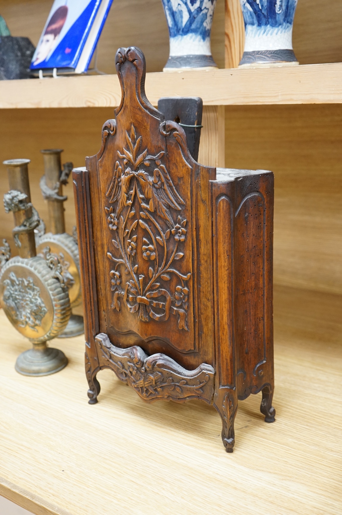 A 19th century carved walnut novelty ' French armoire' candle box 50cm